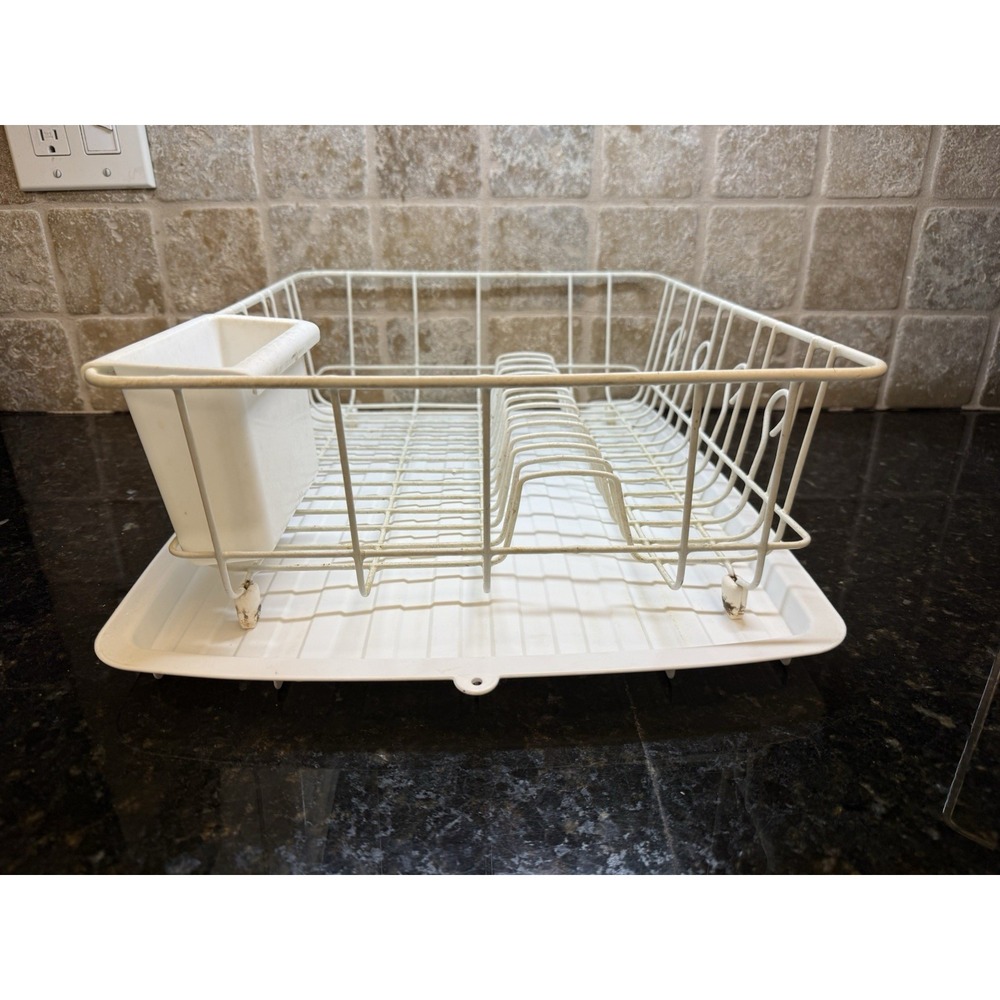 Vintage Rubbermaid White Coated Dish Drying Rack W/Silverware Cup & Drain Mat - Picture 3 of 16